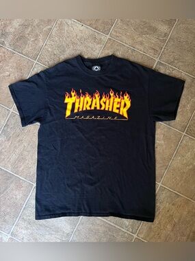 Thrasher Black Tee with Yellow-Orange Flame Logo